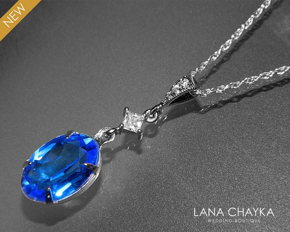 Mariage - Sapphire Royal Blue Oval Crystal Necklace Swarovski Sapphire Rhinestone Sterling Silver CZ Blue Necklace Wedding Jewelry Wedding Necklaces