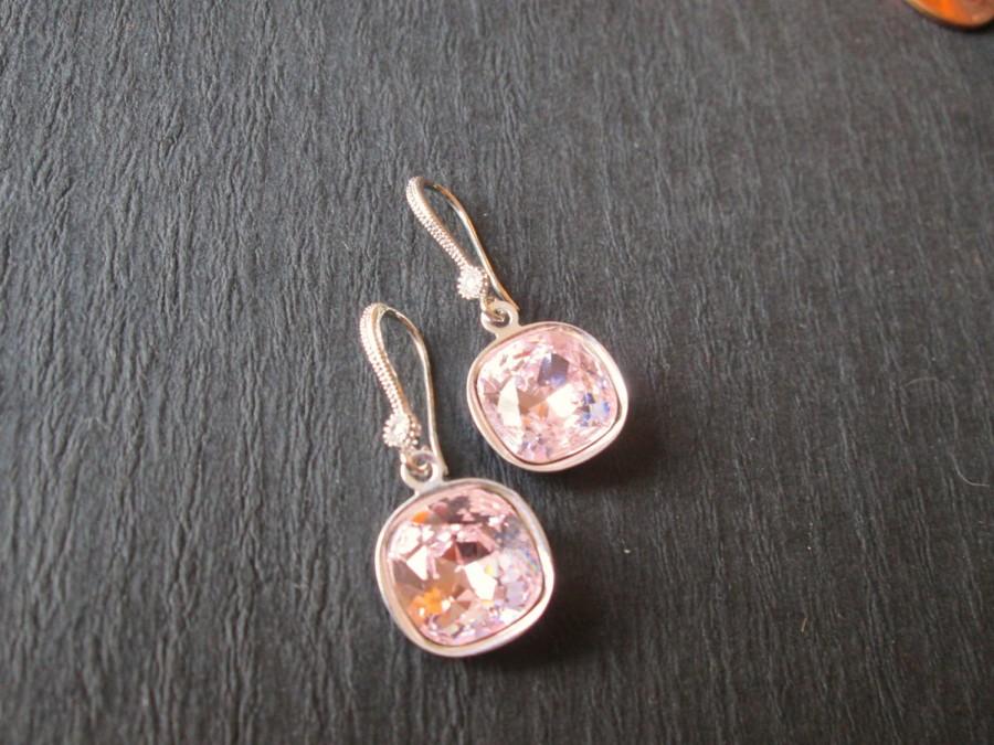 Mariage - Pale Pink Rosaline Swarovski Crystal Earrings/ Bridesmaid Jewelry/ Wedding Jewelry/ Pink Crystal Drop Earrings/ Square Crystal Earrings