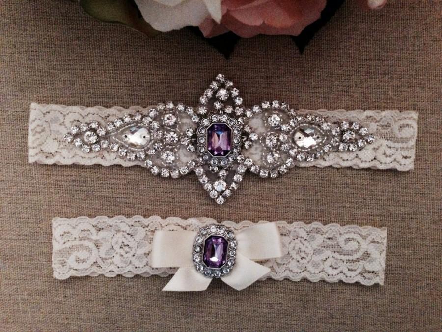 Hochzeit - Wedding Garter - Bridal Garter - Ivory and Light Purple Crystal Rhinestone Garter and Toss Garter Set