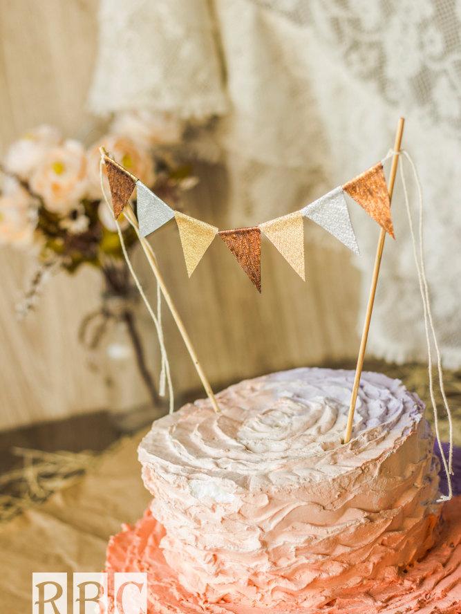 Hochzeit - Metallic Copper Gold Silver Cake Banner, Wedding Cake Topper Banner, Fall Wedding Banner, Glitter Birthday, Copper Wedding Cake, Gold Flags