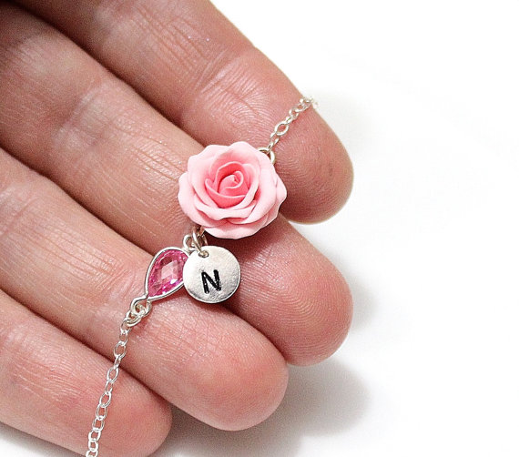 Hochzeit - Pink Rose Personalized Initial Disc Bracelet, Bracelet, Pink Bridesmaid Jewelry, Rose Jewelry, Bridal Flowers, Bridesmaid Bracelet
