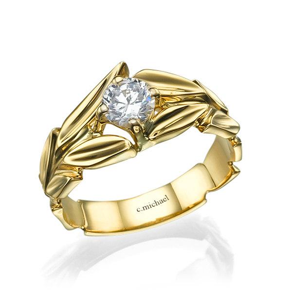 Mariage - Diamond solitaire ring, Diamond Ring, Leaves Engagement Ring, yellow Gold Ring, Solitaire ring, Promise Ring, Leaf Ring, band ring, 14K ring