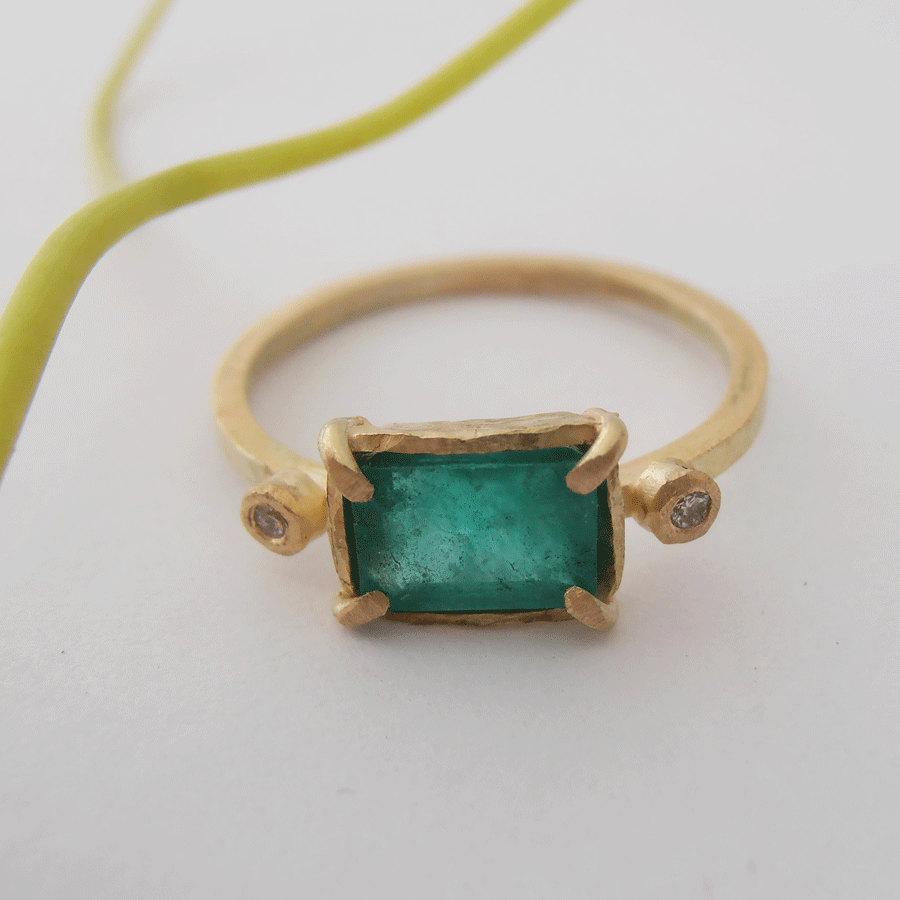 Wedding - Emerald Cut Gemstone ring.14KT Gold Ring with Rich Green Emerald Gemstone with Diamond Accompaniment. May Birthstone, Engagement Ring