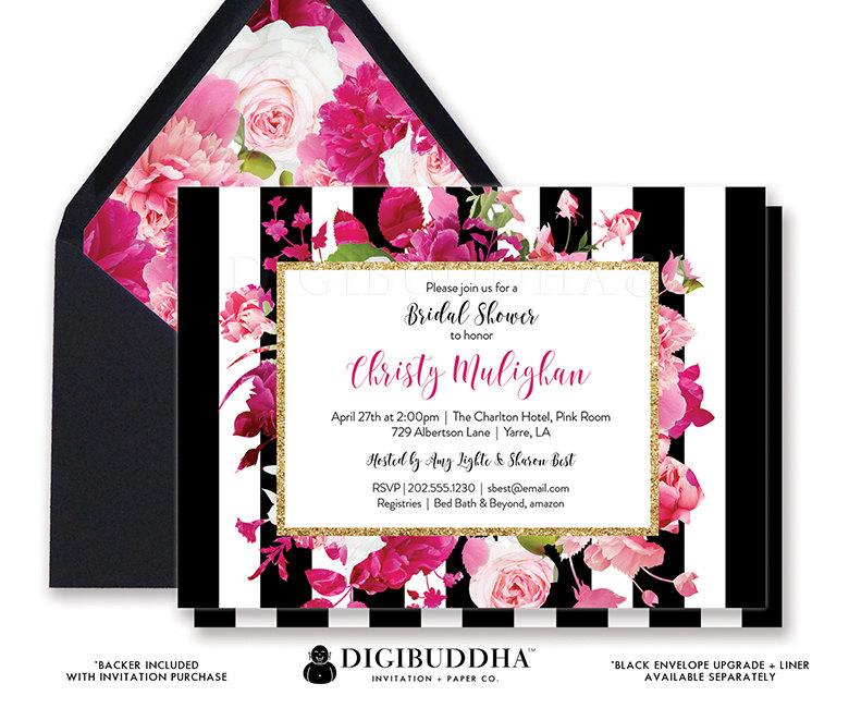 Wedding - BRIDAL SHOWER INVITATION Bridal Shower Invite Black White Striped Gold Glitter Pink Printed or Printable Bridal Shower Invitation - Christy