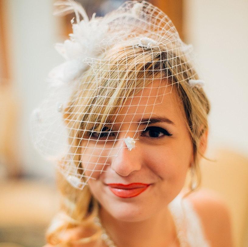 Hochzeit - Birdcage Wedding Veil -  Ivory Blusher Headpiece Fascinator *FREE SHIPPING*
