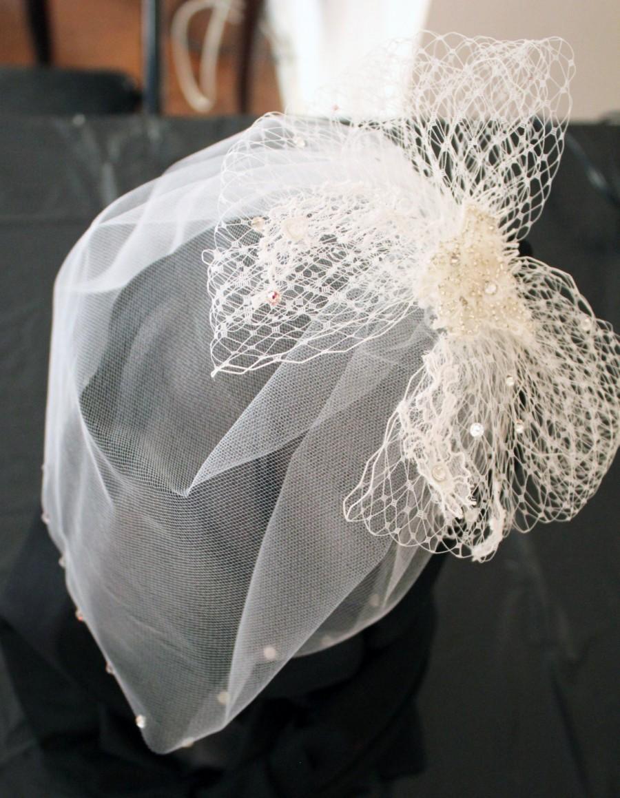 زفاف - Bridal Headband Fascinator with Swarovski Crystal Edge Blusher Veil, Short Veil, Illusion Veil - Alexandra