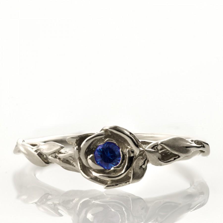 Hochzeit - Rose Engagement Ring No.2 - 14K White Gold and Sapphire engagement ring, engagement ring, leaf ring, flower ring, antique, vintage