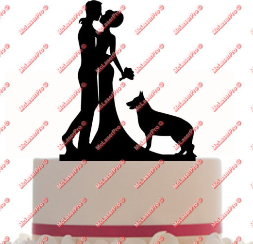زفاف - Custom Wedding Cake Topper with a dog silhouette of your choice, choice of color and a FREE base for display