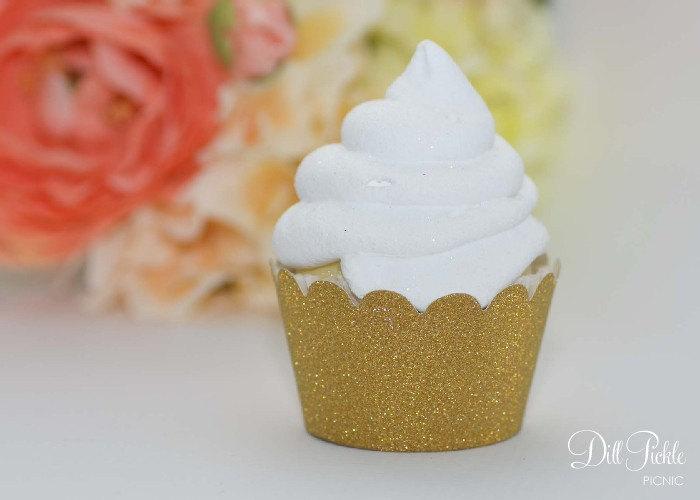 Wedding - Gold Glitter Cupcake Wrappers - Set of 24 - Standard or Mini Size