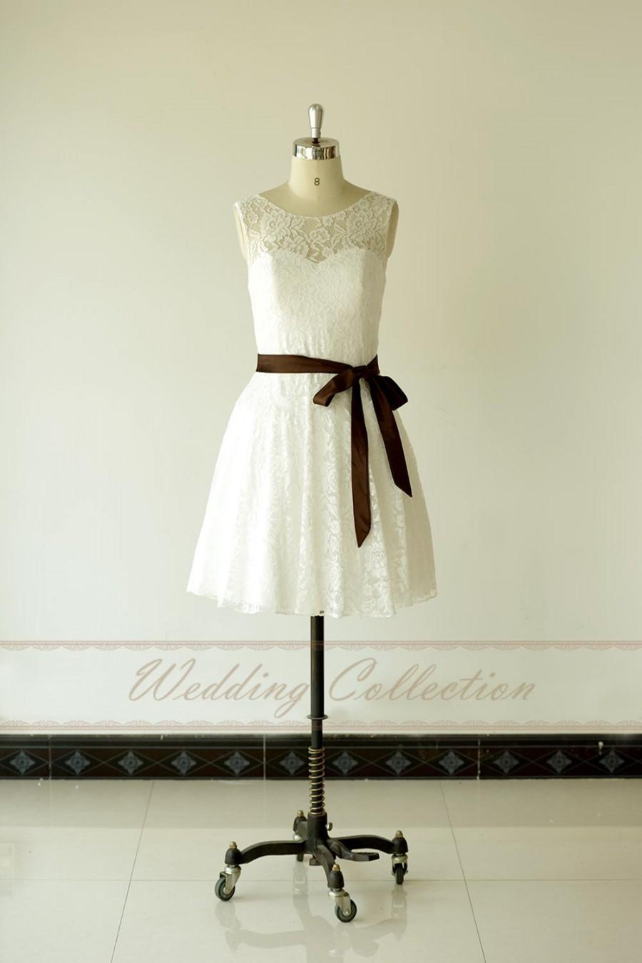Свадьба - Short Ball Gown Lace Wedding Dresses,Beach Wedding Dress Bridal Gown with Chocolate Sash
