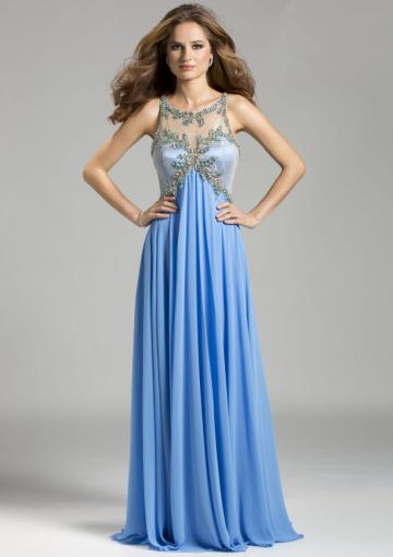 Mariage - Scoop Crystals Chiffon Blue Tulle Ruched Court