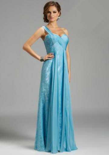 Mariage - One Shoulder Appliques Blue Chiffon Lace Ruched Floor Length