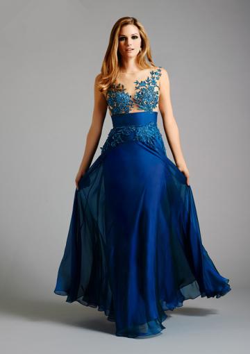Mariage - Zipper Blue Appliques Scoop Tulle Chiffon Ruched Floor Length