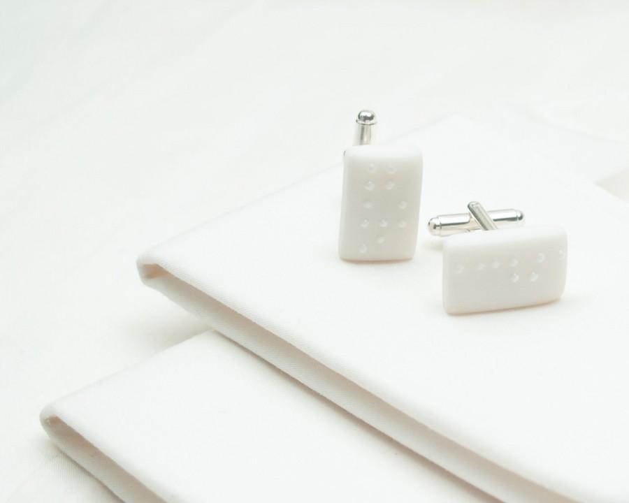 Wedding - Personalized Braille white porcelain cufflinks with white shiny  dots, personalized jewelry initial cufflinks, customize initial cufflinks