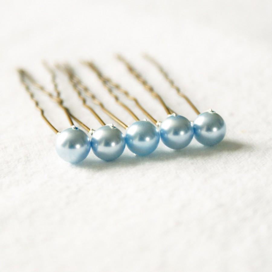 Hochzeit - Something Blue. Pearl Wedding Hair Pins. Set of 5, 8mm Swarovski Crystal Pearls.