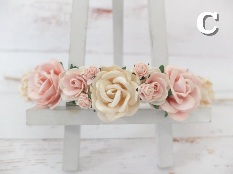 Wedding - Flower crown - ivory and pink flower headpiece - hair accessories - floral hair wreath - halo