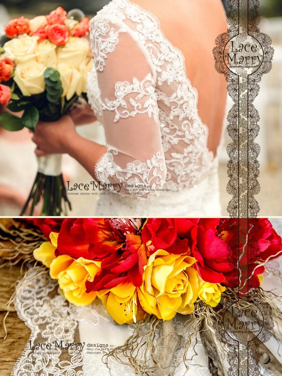 Hochzeit - Custom Lace Wedding Dress with Elbow Sleeves, Trumpet Wedding Dress, Long Sleeves, Wedding Dress, Open Back, V Back Gowns, Lace Sleeves