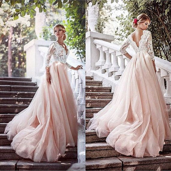 Mariage - Pink Wedding Dress, Tulle Wedding Dress, Long Sleeves Wedding Gown, Wedding Gown, Romantic Tulle Gown, Lace Wedding Dress