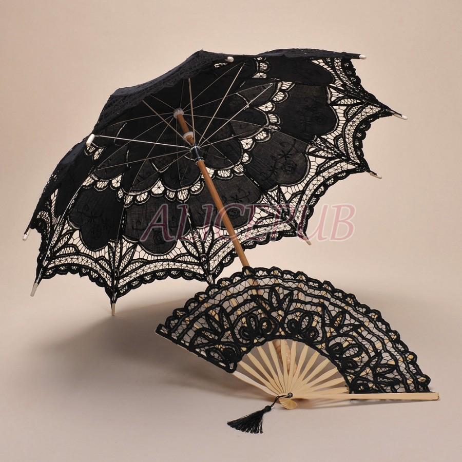 Hochzeit - Black Lace Umbrella Fan Set, Handmade Black Umbrella Parasol, Wedding Bridal Umbrella, Black Lace Parasol, Vintage Lace Hand Fan HSSZ13-9