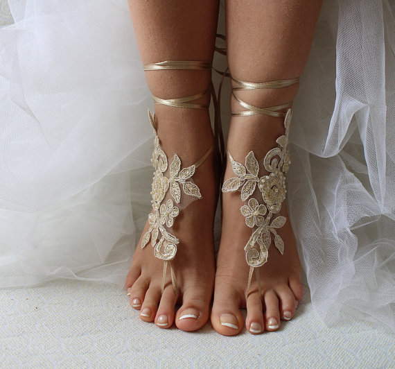 Mariage - Beaded champagne lace wedding sandals, free shipping!