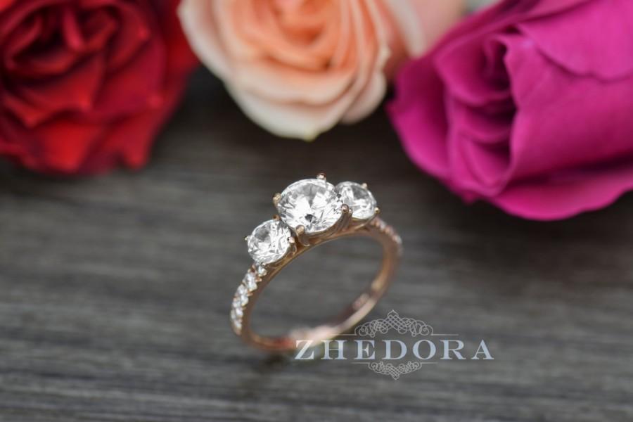 زفاف - 2.10 CT Three Stone Accent Ring Engagement Wedding Band 14K or 18k  Rose Gold , anniversary ring