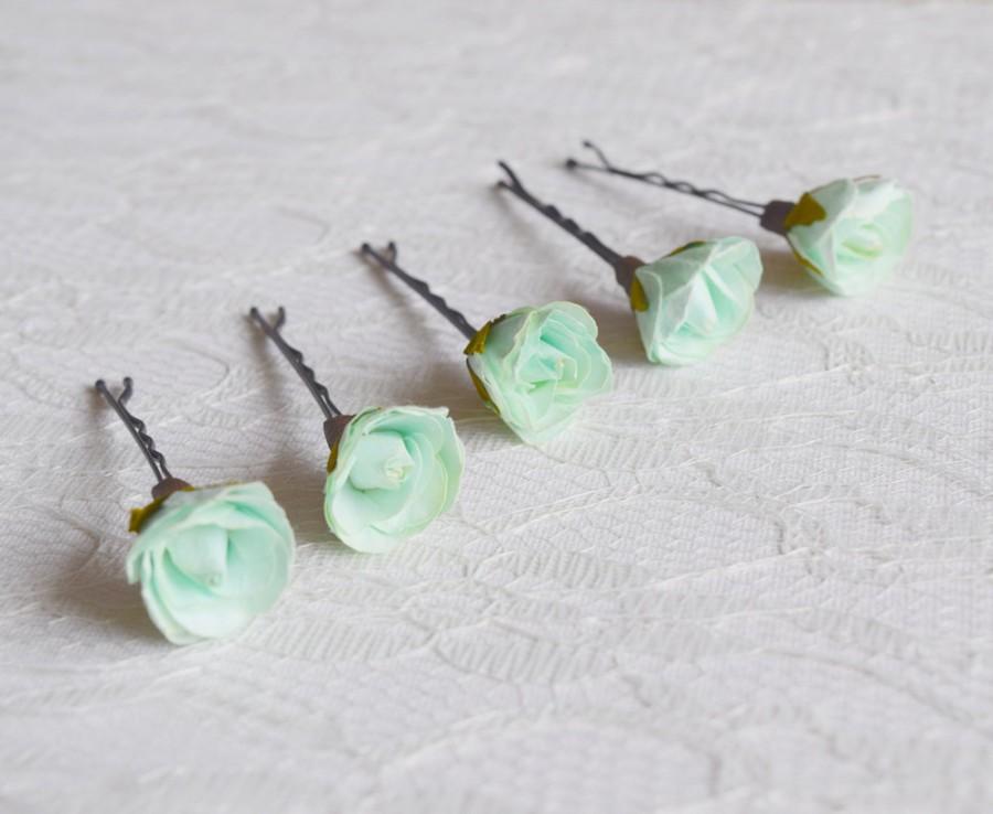 Wedding - Mint Green Rose Pins, Bridal hair clips, Wedding flower pins, mint rose bobby pins - set of five