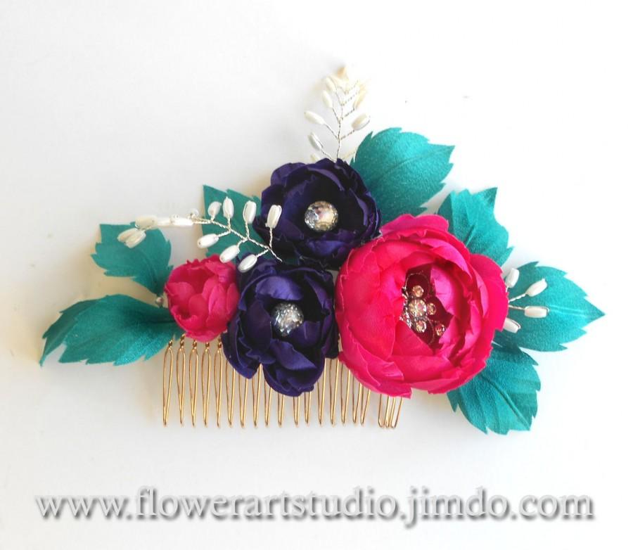 زفاف - Purple, Magenta and Teal Flower Comb, Pink Bridal Headpiece, Pearl and Flower Bridal Comb, Purple Bridal Hair Flower, Bridal Hair Comb.
