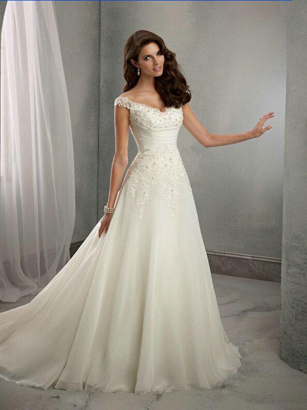Mariage - A-line Cap Sleeves Long Lace Wedding Dress