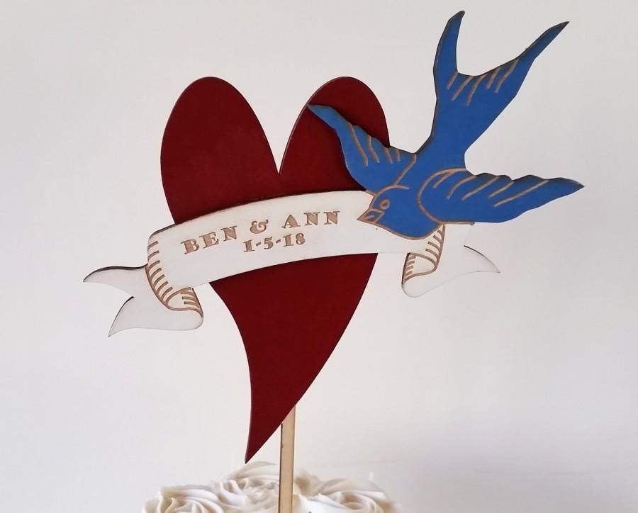 Wedding - Wedding Cake Topper - Bluebird with Banner and Heart - CUSTOM MESSAGE