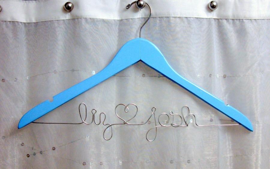 Mariage - Personalized Wooden Wedding Dress Hanger Painted Something Blue