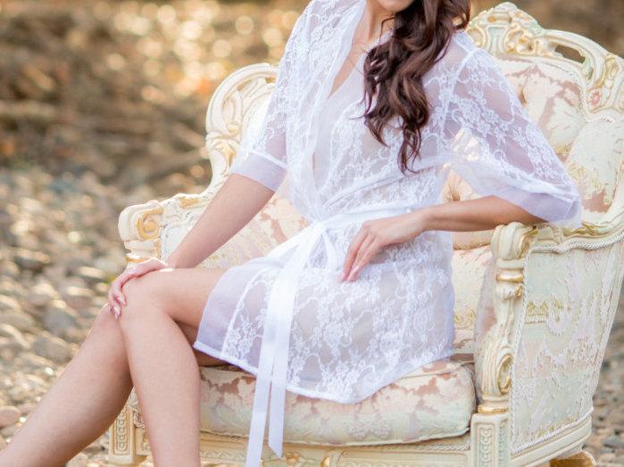 Mariage - Ready to Ship - White Lace Bridal Robe, Lingerie, Getting Ready, Bridal Gift, Bachelorette Gift, Honeymoon, Wedding Gift, White Lace