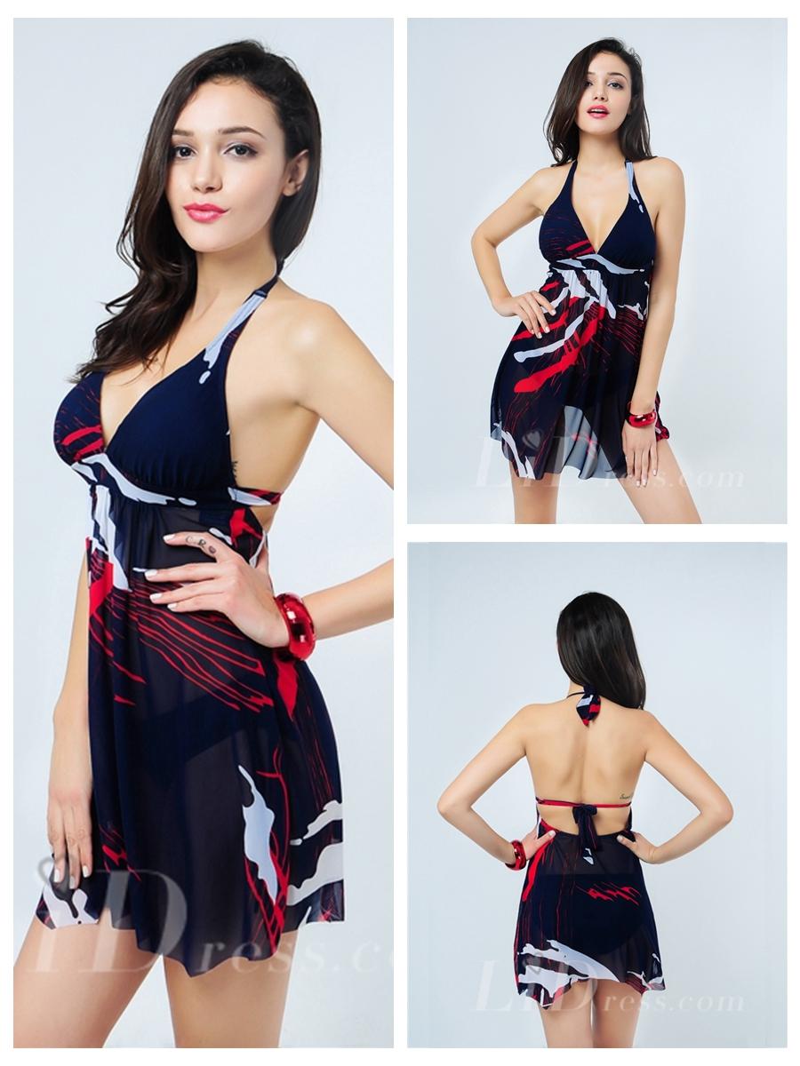 Wedding - Dark Blue Plus Size Two-Pieces Colorful Print Womens Swimsuit With Skirt Lidyy1605241004