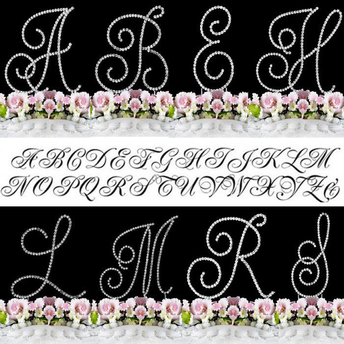Hochzeit - Large Silver Crystal Covered Swirl Script Monogram Cake Topper Initial A to Z Any Letter