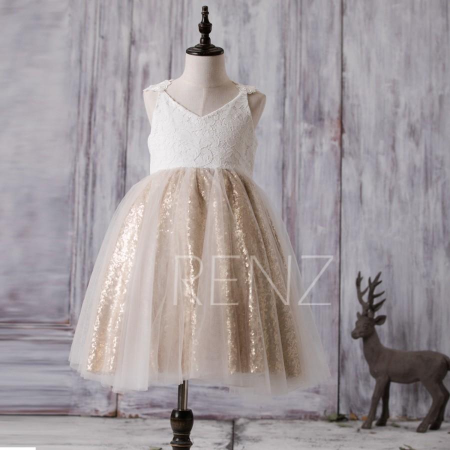 Wedding - 2016 Off White Junior Bridesmaid Dress Short, Golden Sequin Flower Girl Dress, A Line Lace Baby Tutu Dress, V Neck Cocktail Dress (FK291)