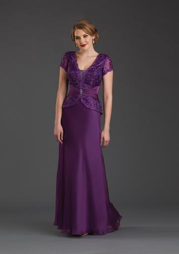 Wedding - Zipper V-neck V-back Chiffon Purple Red Short Sleeves Beading Floor Length