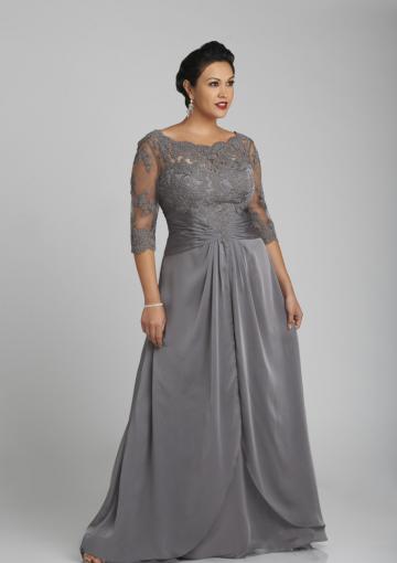 Mariage - Scoop V-back Zipper Grey Chiffon Tulle Appliques 3/4 Length Sleeves Floor Length