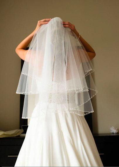 زفاف - Pearl Beaded Edge Two Tier Wedding Veil