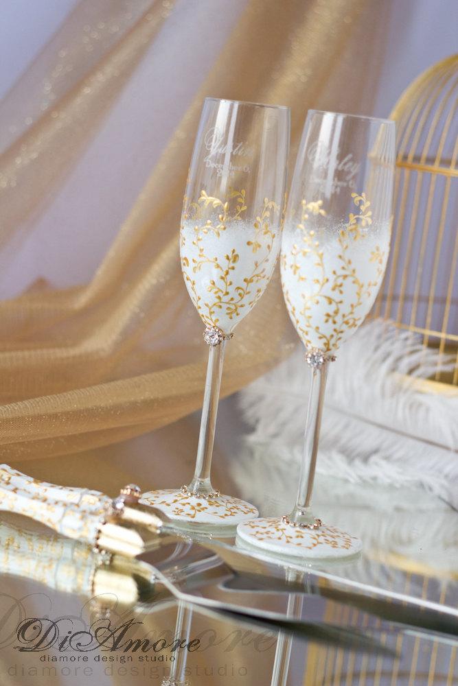 Свадьба - IVORY /GOLD cake knife and server  & wedding glasses / LACE cake accessories