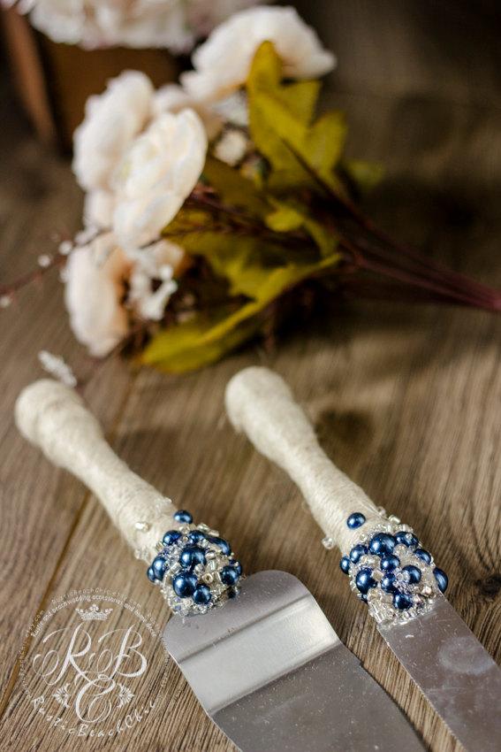 Wedding - NAVY & IVORI Vintage Chic Wedding Cake Server and Knife Set with light brown rope pearlcrystals NAVY weddingPersonalizedRustic2pcs