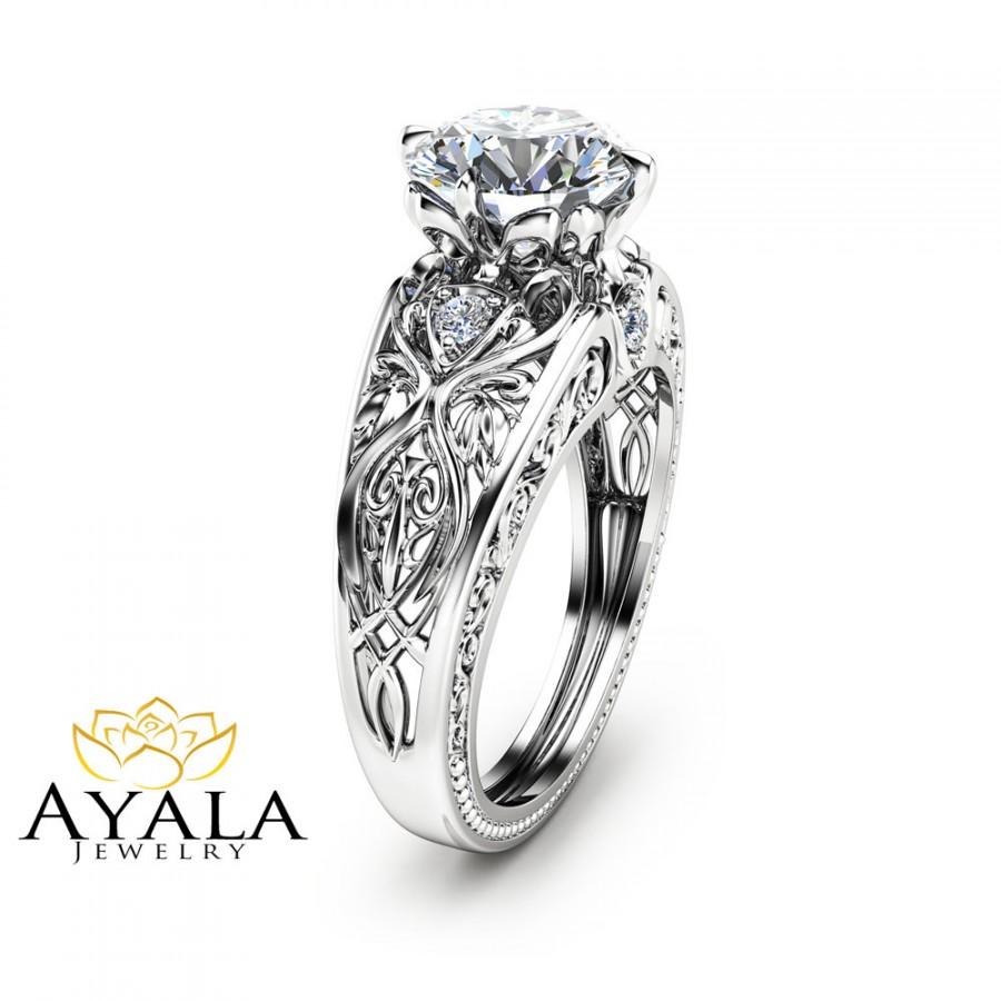 Hochzeit - 2 Carat Diamond Engagement Ring Unique 14K White Gold Engagement Ring Art Deco Styled Diamond Ring