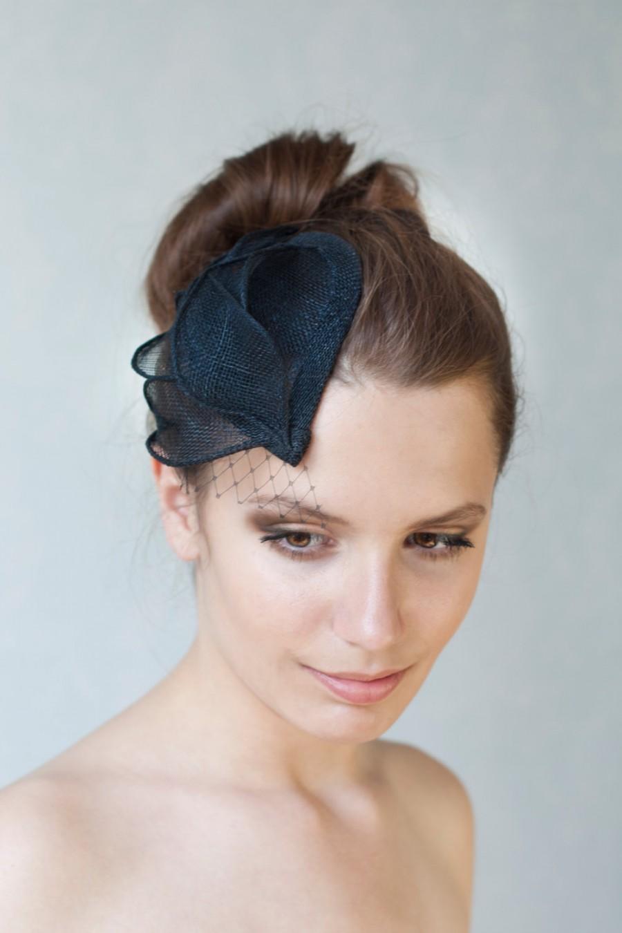 Hochzeit - Bridal Millinery Hat with black veil, Black Headpiece, MIllinery Sinamay Hat, Bridesmaid Fascinator