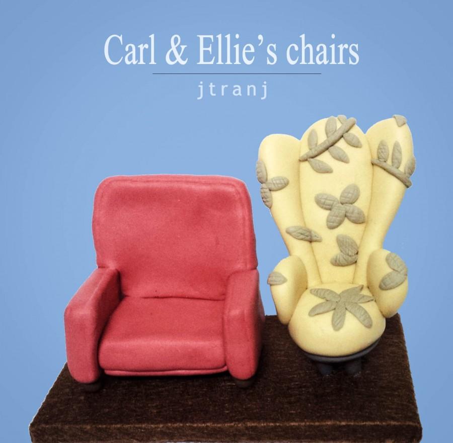 زفاف - Carl and Ellie's chairs in UP wedding cake topper clay doll, UP chairs clay miniature engagement decor,clay figurine ring holder,clay couple
