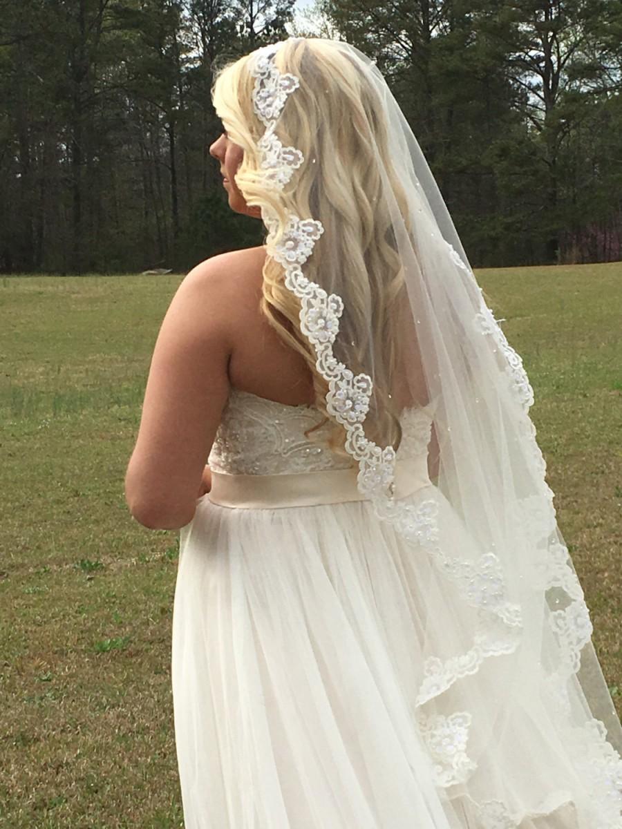 زفاف - Ivory wedding veil / handmade/ pearls / sequins/ lace / 48 inches / crystals / wedding / brides / dew drop veiling