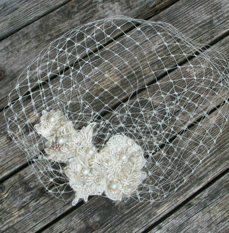 Hochzeit - Champagne, Bridal Birdcage Veil, Blusher Veil, English Merry Widow Veiling mini Veil