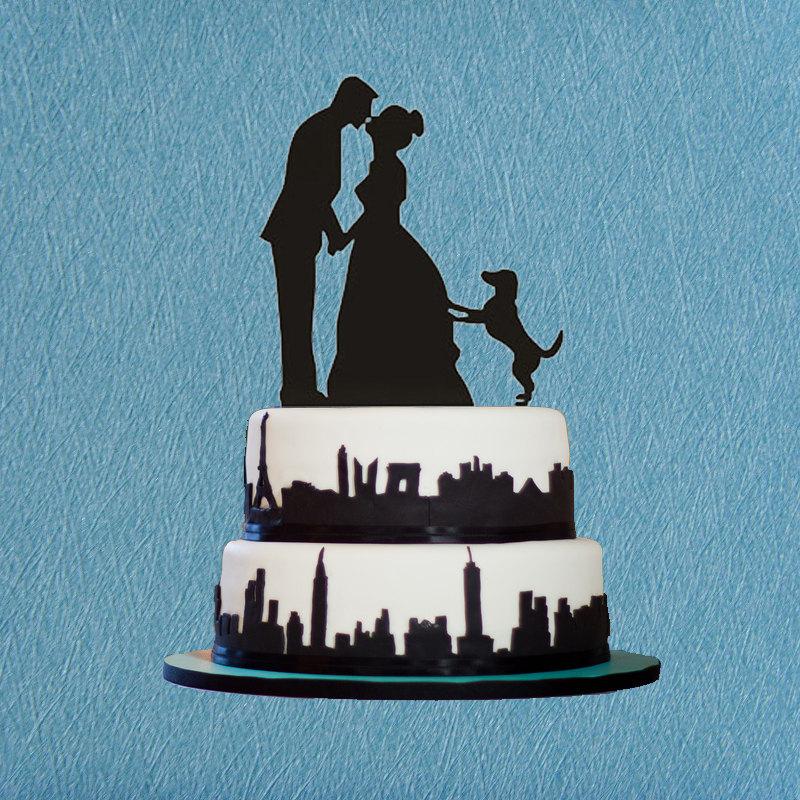 زفاف - Kissing Cake Topper,Costom Bride and Groom Kiss Silhouette Couple with Dog Cake Topper,Wedding Cake Decoration,Dog Cake Topper
