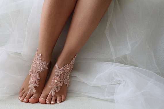 زفاف - Beaded pink lace wedding sandals, free shipping!