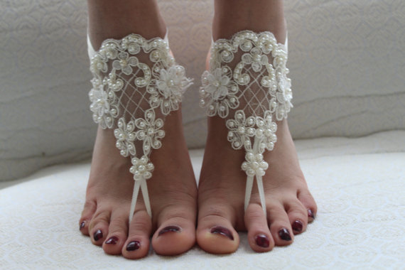 Wedding - Beaded ivory lace wedding sandals, free shipping!