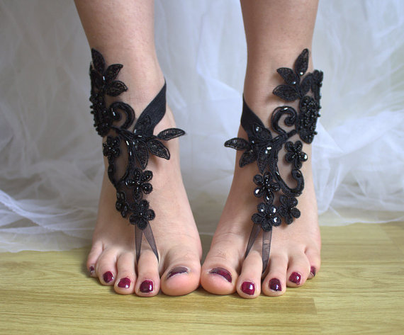 Mariage - Beaded black, lace wedding sandals, free shipping!