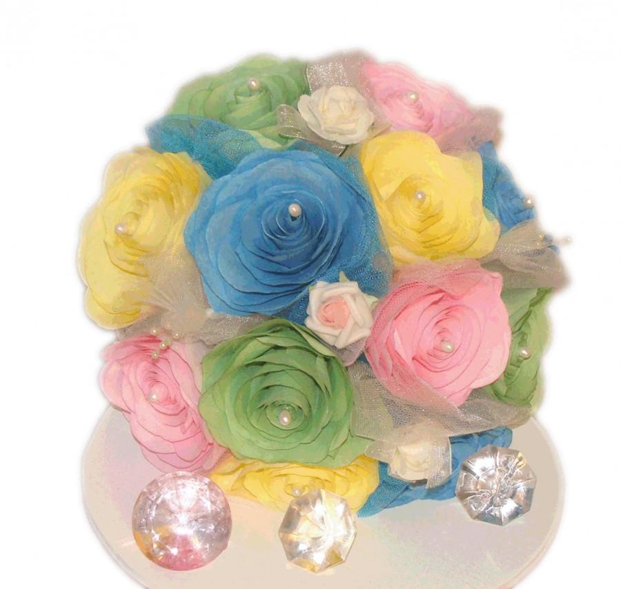 Wedding - Yellow, pink, green and blue bridal bouquet, Pastel paper Peony bouquet, Artificial wedding bouquet, Bridal bouquet in your choice of colors