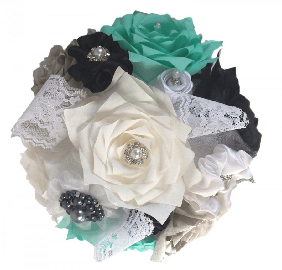 Hochzeit - Turquoise bridal bouquet, Brooch Wedding bouquet, Pearl and lace bouquet, Paper Bouquet, Toss bouquet, Fake flower bouquet, Lace bouquet